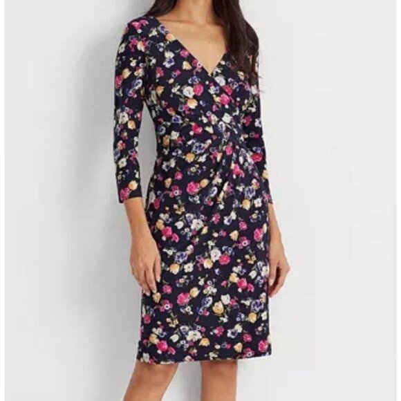 Lauren Ralph Lauren Petite Floral Jersey Surplice Dress - Size 4 (S8) - Picture 1 of 10